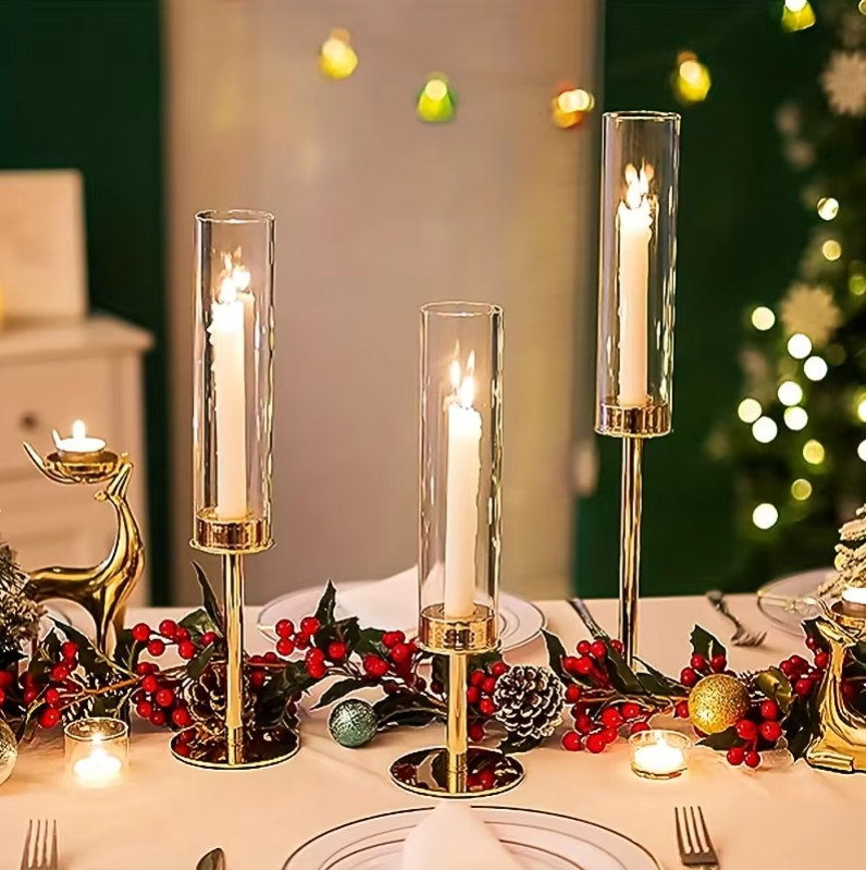 Gifts Actually - 3 Pcs Taper Candle  Glass Candle holder (Hurricane Style)