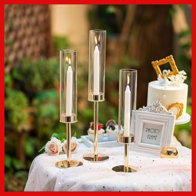 Gifts Actually - 3 Pcs Taper Candle  Glass Candle holder (Hurricane Style)