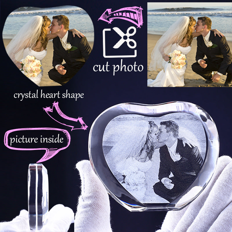 Gifts Actually - Personalised Digital Image Crystal Photo Frame - Heart Shape - Wedding image